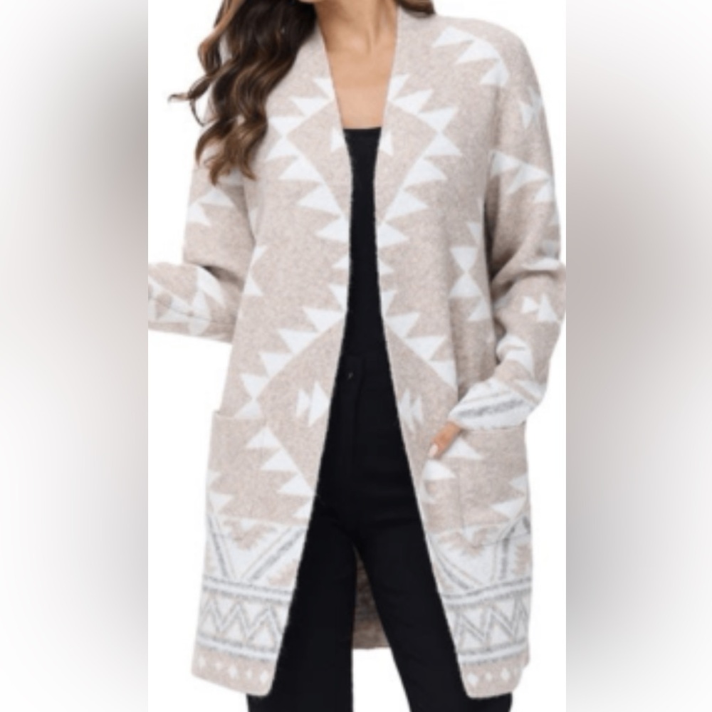 Frye Beige and White Geometric Open-Front Cardigan Sz L